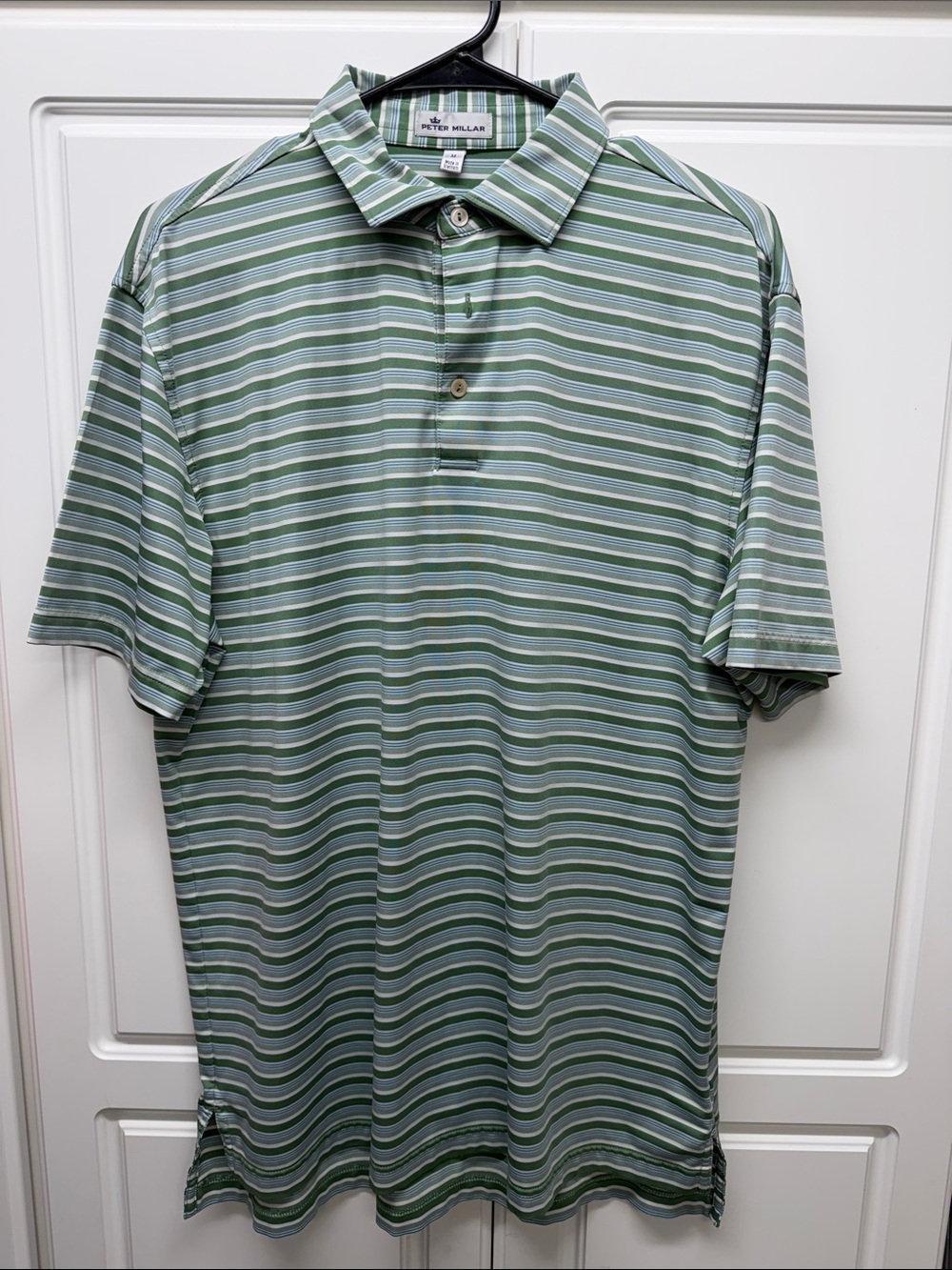 Peter Millar Green and White Striped Short-Sleeve Polo